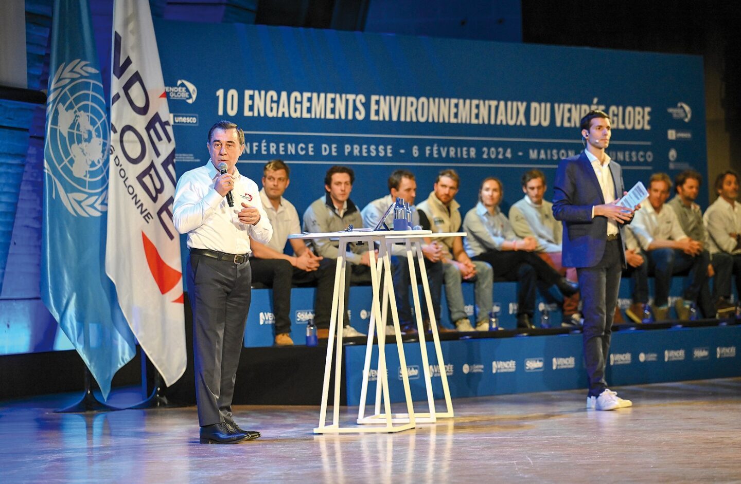 Les candidats et les officiels lors de la conférence de presse de la course à la voile en solitaire Vendée Globe, 
au siège de l'UNESCO à Paris le 6 février 2024. © Vincent Curutchet / Alea / Vendée Globe