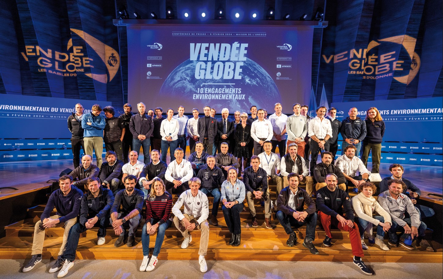 10 engagements environnementaux pour la10e édition du Vendée Globe.

Les candidats et les officiels lors de la conférence de presse de la course à la voile en solitaire Vendée Globe, 
au siège de l'UNESCO à Paris, le 6 février 2024. © Jean-Marie Liot / Alea / Vendée Globe